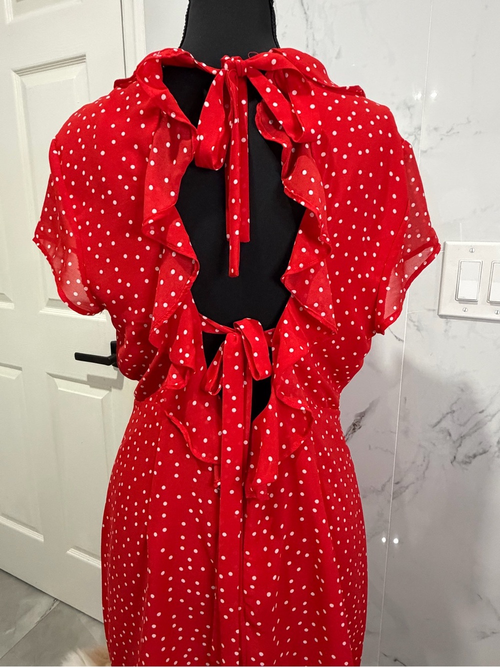 Red Polka Dot Ruffle Wrap Dress - Picture 6 of 11